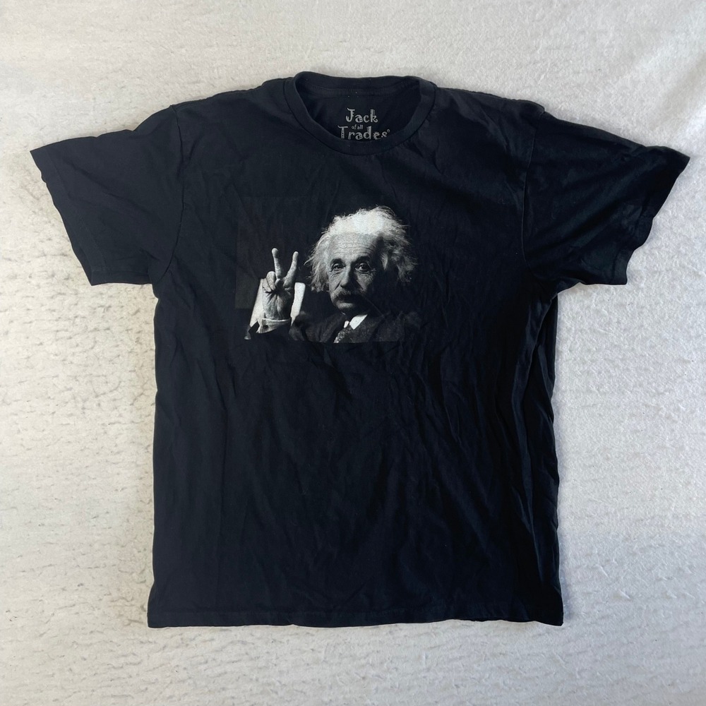 Jack of all Trades T-Shirt Mens Medium Black Albert Einstein‎ Peace Sign Graphic